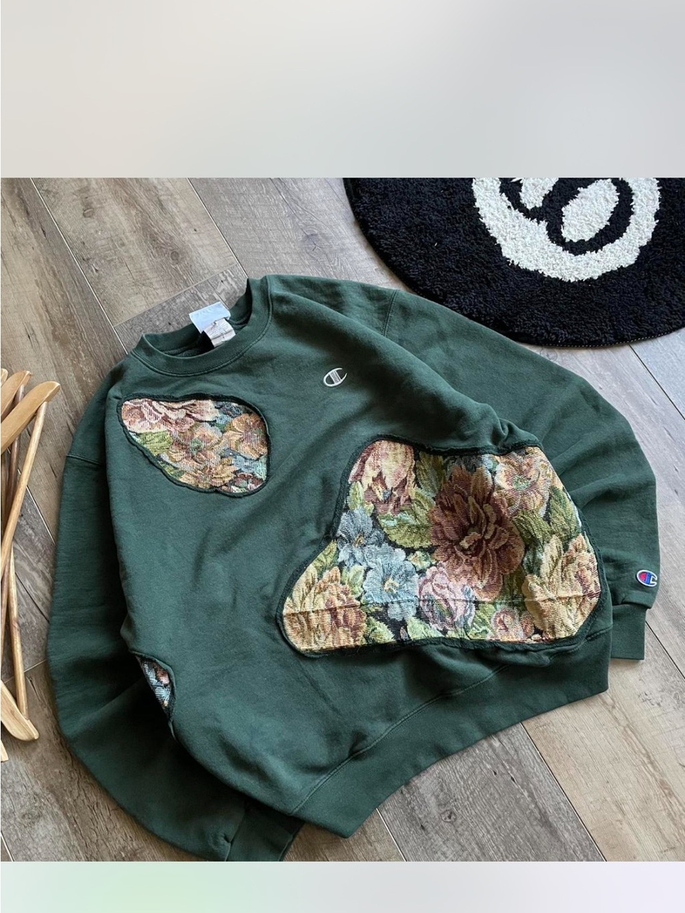 Unique Vintage Dark Green Champion crewneck with floral tapestry patchwork